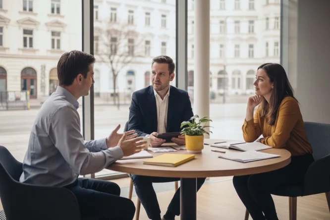 Zukunftssicherung-Team-bei-Besprechung-in-Cafe-in-Wien
