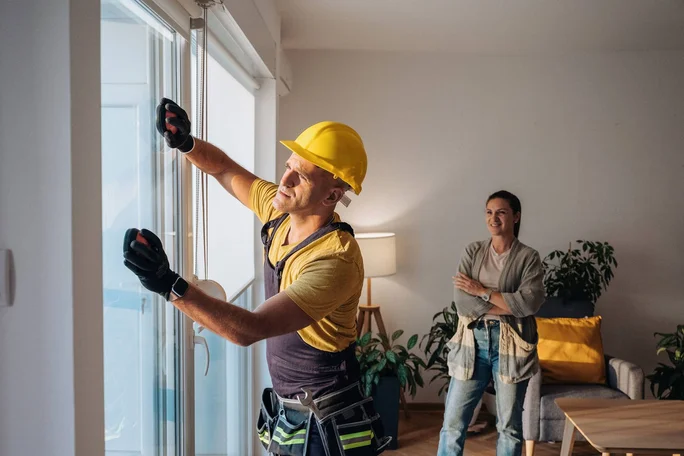 Ein Bauarbeiter mit gelbem Schutzhelm und Handschuhen montiert eine Glasschiebetür in einem modernen Wohnzimmer. Der Raum ist gemütlich eingerichtet mit Sofa, gelbem Kissen und Zimmerpflanzen. Im Hintergrund beobachtet eine Person die Arbeiten. Der Raum ist hell und freundlich, dank Tageslicht und einer Stehlampe, die für eine warme Atmosphäre sorgt.