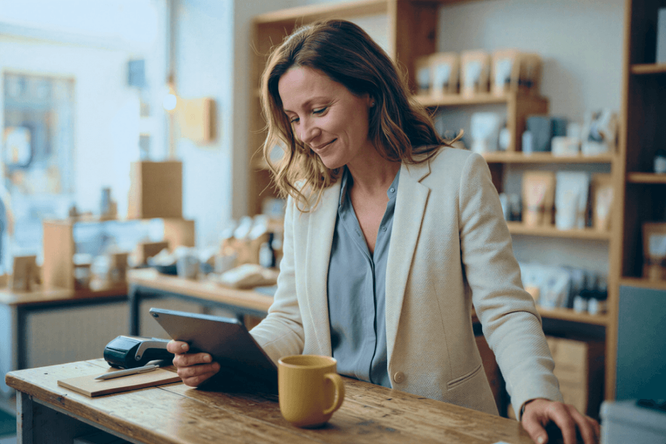 Eine Frau in einem hellen Blazer steht an einem Holztresen. In der einen Hand hält sie ein Tablet, vor sich eine gelbe Tasse. Im Hintergrund sind Regale mit verschiedenen Gegenständen zu sehen, die an ein gemütliches Café oder eine Kaffeebar erinnern. Die Atmosphäre ist entspannt und produktiv, mit sanftem, natürlichem Licht und neutralen Farbtönen. Es sind keine Texte oder Zahlen im Bild zu erkennen.