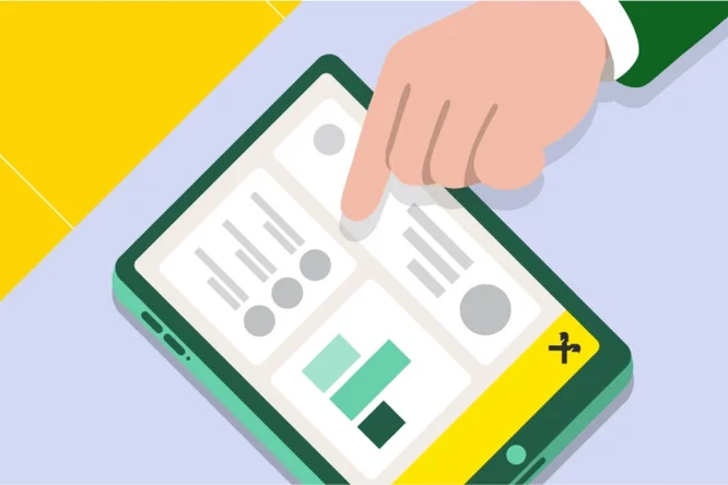 Eine Illustration zeigt eine Hand, die auf den Bildschirm eines Tablets mit farbenfroher Benutzeroberfläche zeigt. Die Szenerie stellt einen modernen digitalen Arbeitsbereich dar. Die Anzeige umfasst geometrische Formen, Diagramme und eine gelbe Akzentleiste. Das Tablet ist grün und weist sichtbare Schaltflächen und Ränder auf.