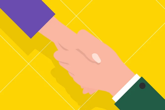 Eine grafische Illustration zeigt zwei sich schüttelnde Hände, die Einigkeit oder Partnerschaft symbolisieren. Eine Hand steckt in einem grünen Ärmel mit Knopf, die andere in einem violetten. Der Hintergrund ist mit einem leuchtend gelben Kachelmuster versehen, das dem Bild Lebendigkeit verleiht.