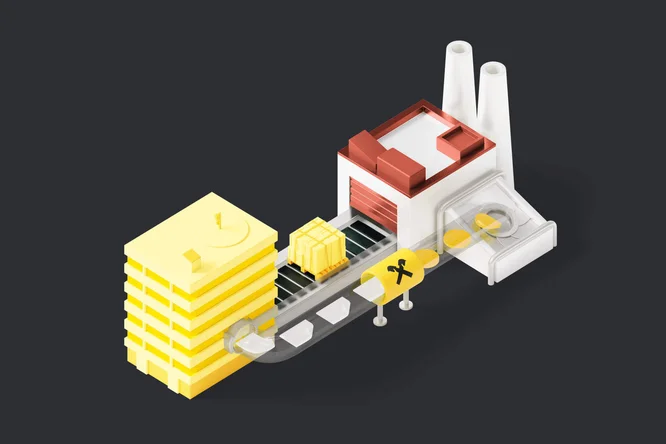 Diese stilisierte isometrische Illustration zeigt eine Fabrikszene mit einem Förderband, das ein gelbes Paket transportiert. Die Szenerie umfasst ein gelbes, mehrstöckiges Gebäude, ein Fabrikgebäude mit zwei Schornsteinen und ein Fördersystem mit sichtbarer Pakethandhabung. Die Farbpalette wird von Gelb-, Weiß- und Grautönen dominiert und erzeugt so einen modernen und minimalistischen visuellen Stil. Das Bild enthält keinen sichtbaren Text oder Zahlen.
