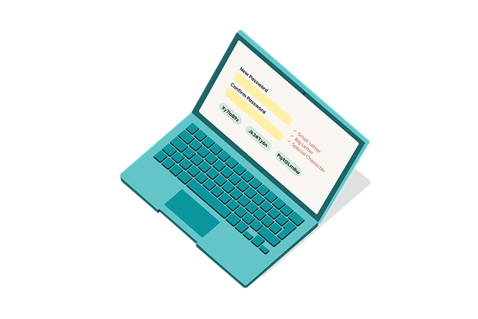 Eine digitale Illustration eines türkisfarbenen Laptops mit Anmeldebildschirm. Der Bildschirm zeigt Felder zur Eingabe von Benutzername und Passwort sowie die Schaltflächen „Absenden“ und „Zurücksetzen“. Eine rote Fehlermeldung mit dem Hinweis „Noch 2 Versuche“ ist sichtbar. Der Hintergrund ist schlicht und minimalistisch gehalten, um den Laptop und seinen Bildschirm hervorzuheben.