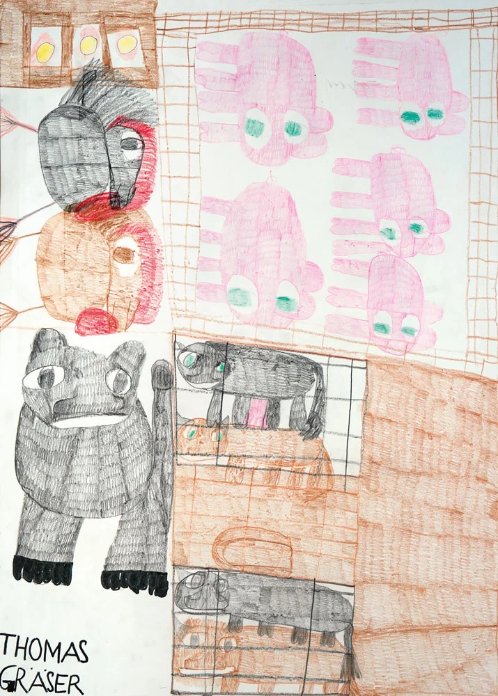 Gemälde: Bauernhof, 2017, Buntstift, Eding auf Papier, 70 x 50 cm, Kunstsammlung Raiffeisen Niederösterreich-Wien