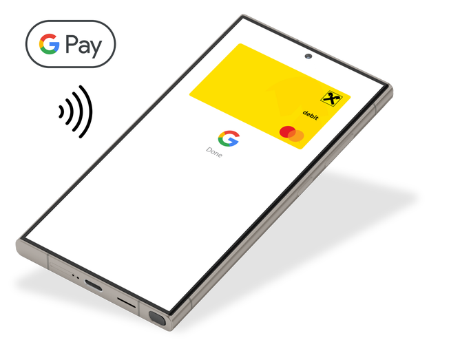 Smartphone mit digitaler Karte in Google Wallet sowie Google Pay Logo und Kontaktlos‑Symbol daneben.