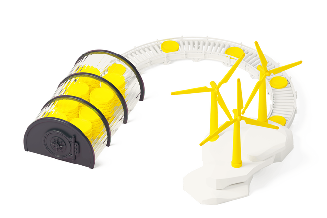 Eine stilisierte Illustration zeigt gelbe Windkraftanlagen, die mit einem Tresorraum voller Goldmünzen verbunden sind. Die Darstellung suggeriert die Wertschöpfung durch erneuerbare Energien. Die minimalistische Farbpalette in Weiß und Gelb unterstreicht saubere Energie und Wirtschaftswachstum. Es sind keine Texte oder Zahlen sichtbar.
