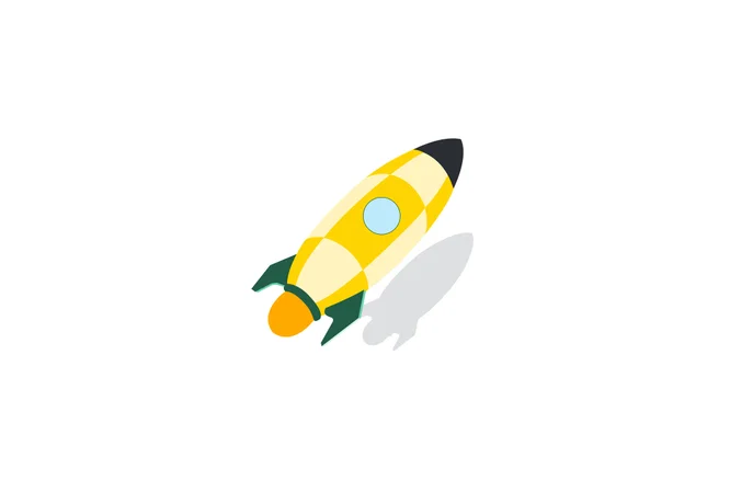 Minimalistische Illustration einer gelben Rakete mit grünen Flossen und blauem Rundfenster. Die Rakete wirft einen Schatten auf weißem Hintergrund, was das schlanke Design betont. Das Bild verwendet eine einfache, lebendige Farbpalette.