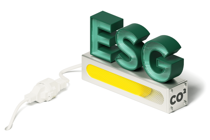 Das Hauptmotiv ist ein dreidimensionaler „ESG“-Schriftzug auf einem Metallkasten mit gelbem Bedienfeld und deutlich sichtbarem „CO₂“-Schriftzug an der Seite. Stecker und Kabel sind am Kasten befestigt und deuten auf einen Bezug zu Energie- und Umweltthemen hin. Die Szenerie ist minimalistisch und isoliert, mit einem reinweißen Hintergrund und ohne Personen. Der visuelle Stil ist modern und konzeptionell und betont Nachhaltigkeit und Klimabewusstsein.