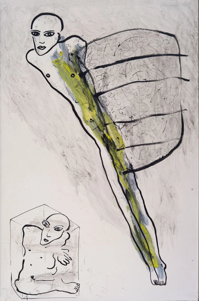 Gemälde: O.T., 1990, Acryl, Tusche auf Karton, 150 x 100 cm, Kunstsammlung Raiffeisen Niederösterreich-Wien