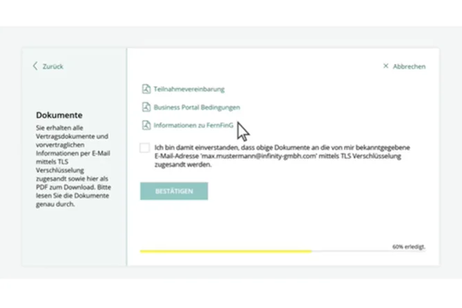 Eine digitale Benutzeroberfläche zeigt die Optionen für die Dokumentenvereinbarung mit Kontrollkästchen an. Auf dem Bildschirm sind Texte wie „Business Portal Bedingungen“ und „Informationen zu Fernmeld“ sichtbar. Ein Fortschrittsbalken am unteren Rand zeigt 60 % Fertigstellung an. Die Benutzeroberfläche ist übersichtlich und minimalistisch gestaltet und auf Benutzerfreundlichkeit ausgelegt.