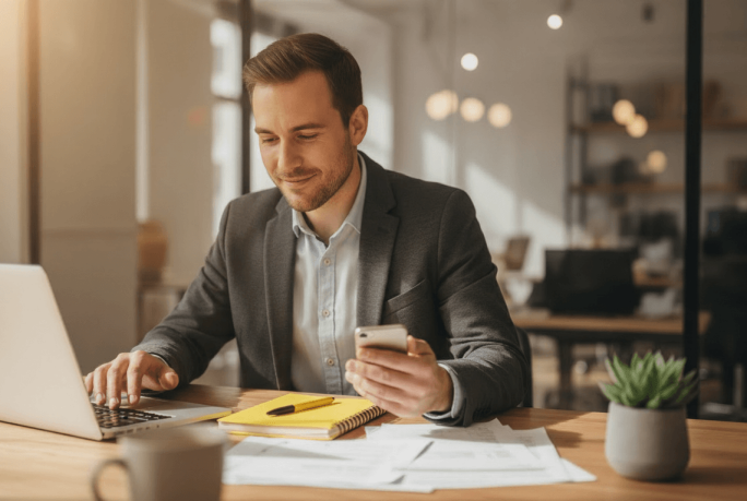 Ein Mann im Anzug sitzt an einem Holzschreibtisch in einem hellen, modernen Büro. Er nutzt einen Laptop und hält ein Smartphone in der Hand. Vor ihm liegen Dokumente und ein gelbes Notizbuch ausgebreitet. Der Arbeitsplatz ist zeitgemäß eingerichtet, unter anderem mit einer kleinen Topfpflanze, und wird von Tageslicht erhellt. Die Atmosphäre vermittelt Produktivität und Konzentration.
