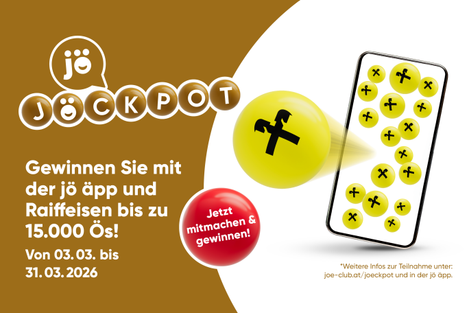 Abbildung eines Smartphones mit dem raiffeisen Giebelkreuz in gelben Kreisen auf der Linken seite befindet sich das JÖ Logo mit dem Wort Jackpot 