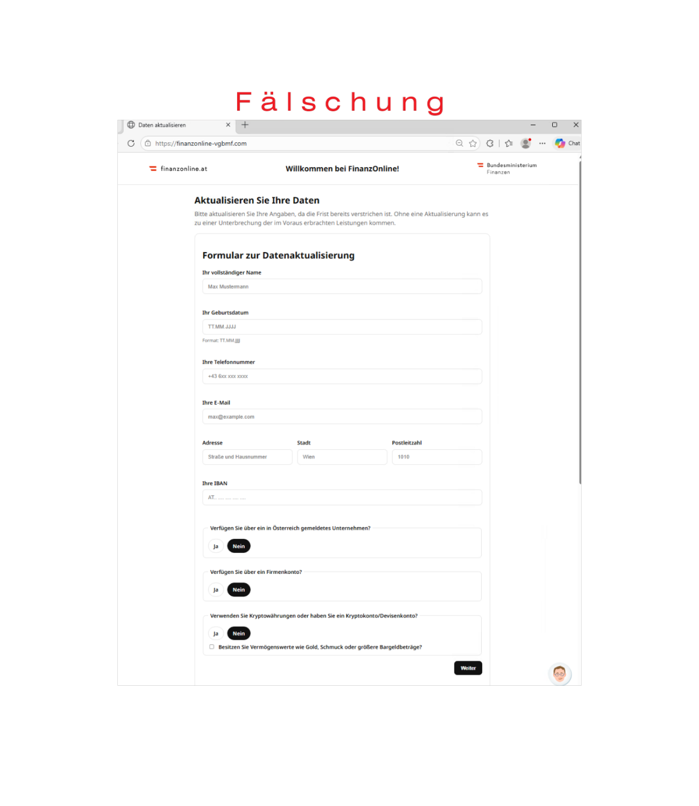 Fälschung message example