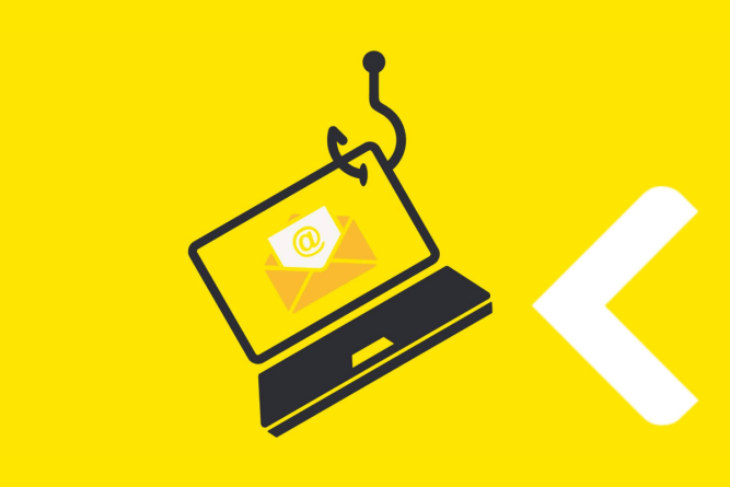 Laptop Darstellung mit einem Mail Zeichen auf dem Bildschirm auf gelbem Hintergrund. Der Laptop hängt an einem Haken.